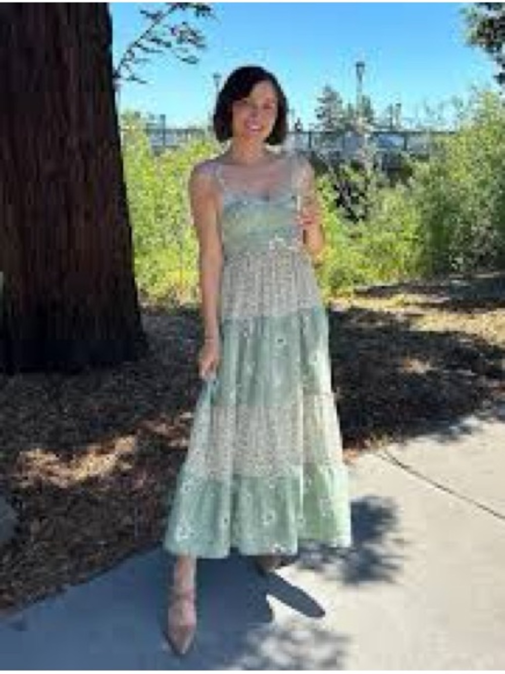 Sleeveless Pastel Green Tiered Maxi Dress with Eyelet Detail